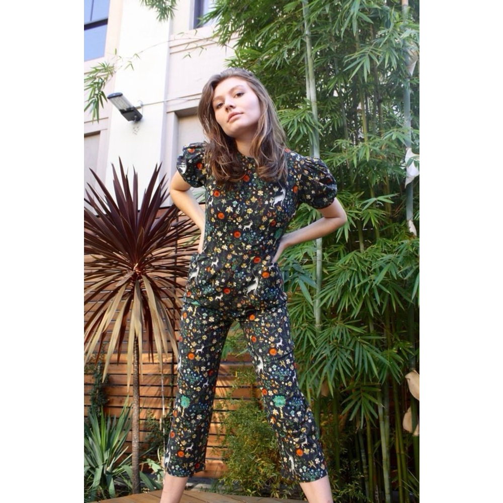Samantha Pleet Garden Jumpsuit Puff Sleeve 2 Black Illuminated Ethereal Floral - Picture 2 of 14